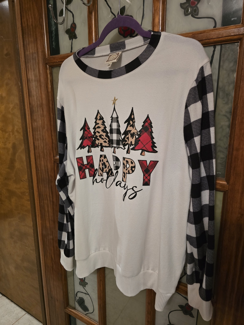 Happy Holidays Buffalo Plaid Sleeve Sweatshirt - White/Black
